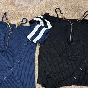 Striped Sleeve Off-Shoulder Dresses with Gold Hardware - Navy & Black